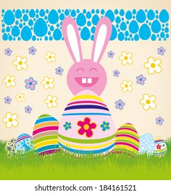 Vector Easter card with eggs of different color, rabbit