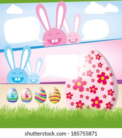 Vector Easter card with eggs of different color, rabbit