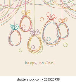 Vector Easter card. Eggs doodle background. Cute hand drawn childish invitation, greeting card. Holiday linear illustration for print, web