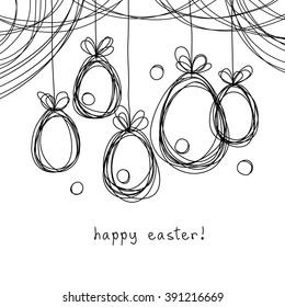 Tarjeta vectorial de Pascua. Fondo del doodle de huevos. Invitación infantil, tarjeta de saludo, dibujada a mano. Ilustración lineal de vacaciones para impresión, web