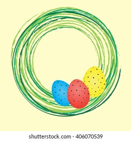 Vector Easter card with eggs in green circles, beige background.