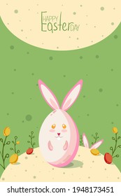 Vector Easter card. A funny hare in the shape of an Easter egg stands in a clearing. All around are green branches and scattered eggs. Green festive background with place for an inscription.