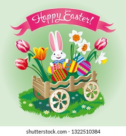 Vector Easter card with garden decorative wheelbarrow with colored eggs, rabbit and spring flowers