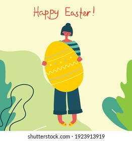 Vector Easter card with girl and the eggs and hand drawn text - Happy Easter in the flat style