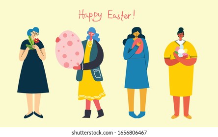 Vector Easter card with girl holding the eggs and hand drawn text - Happy Easter in the flat style