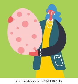 Vector Easter card with girl holding the egg and hand drawn text - Happy Easter in the flat style
