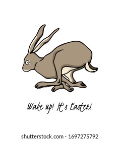 Vector Easter card with hand drawn cute running hare. Perfect design elements, beautiful animal illustration, ink drawing