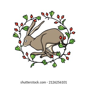 Vector Easter card with hand drawn cute running hare in floral wreath. Ink drawing, graphic style. Beautiful Easter celebration design elements.