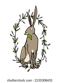 Vector Easter card with hand drawn cute hare in floral wreath. Ink drawing, graphic style. Beautiful Easter celebration design elements.
