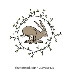 Vector Easter card with hand drawn cute hare in a hurry in green leafy wreath. Ink drawing, graphic style. Beautiful Easter celebration design elements.
