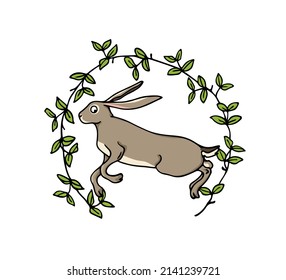 Vector Easter card with hand drawn cute jumping hare in floral wreath. Ink drawing, graphic style. Beautiful Easter celebration design elements.