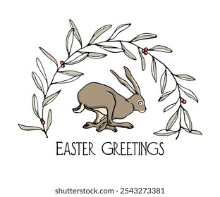 Vector Easter card with hand drawn sweet running hare in floral red berry wreath. Perfect Easter greetings, beautiful illustration, ink drawing