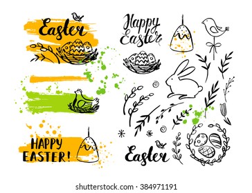 Vector Easter card and hand drawn elements: bunny, eggs and chicken. Modern brush calligraphy. Ink handwriting inscriptions. Typography and lettering.