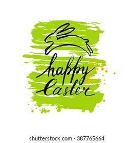 Vector Easter card. Hand drawn bunny and inscription. Brush stroke. Calligraphy. 