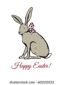 Vector Easter card with hand drawn sitting hare with sweet bow-knot. Beautiful ink drawing made in retro style. Perfect design elements for Easter celebration.