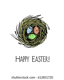 Vector Easter card with hand drawn bird nest with colorful spotted eggs. Graphic style, beautiful illustration