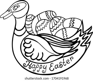 Vector Easter card with the image of a duck and eggs. Freehand drawing.