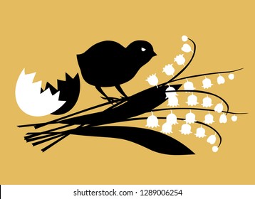 Vector. Easter card with the image of lilies of the valley, the shell of a broken egg and chicken. Images are given in the form of silhouettes on a yellow background.