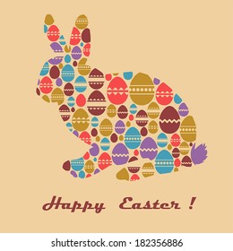Vector Easter card with the inscription, rabbit and colored eggs on beige light background