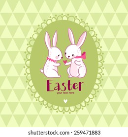 Vector Easter card with love rabbits. Bright lovely happy easter background in cartoon style in vector.