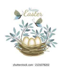 Vector Easter card. Nest with eggs, twigs, butterflies. Spring illustration.