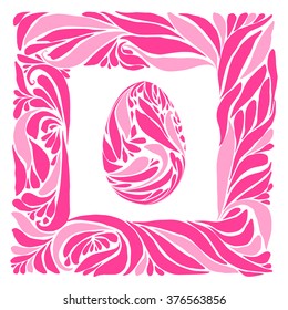 Vector easter card with ornamental egg and a frame.  roze ornament isolated on white.