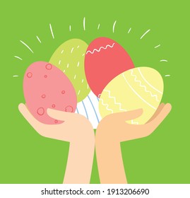Vector Easter card with people holding the eggs and hand drawn text - Happy Easter in the flat style