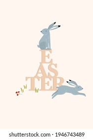 Vector Easter card with rabbits. Happy Easter greeting card. Hares in the meadow. Invitation, poster.