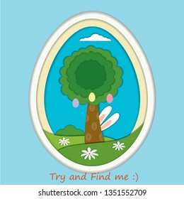 Vector Easter card template. Easter holiday illustration with a rabbit, tree and eggs on a green hills. Nature on a blue background. Paper cutout effect