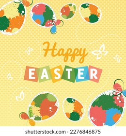 Tarjeta vectorial de Pascua con huevos acuarelas, saludo y mariposas. Se puede usar como postal, volante, invitación.