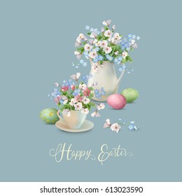 Vector Easter Card. Vector white cup and pitcher with floral spring bouquets and painted eggs