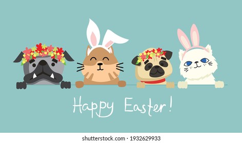 Vector Easter cards with animals and hand drawn text - Happy Easter in the flat style