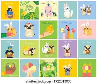 Vektorkarten mit Tieren, die Eier halten, und handgezeichneter Text - Frohe Ostern im flachen Stil