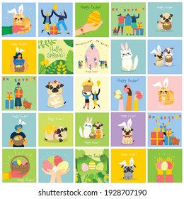 Vector Easter cards with animals holding the eggs and hand drawn text - Happy Easter in the flat style