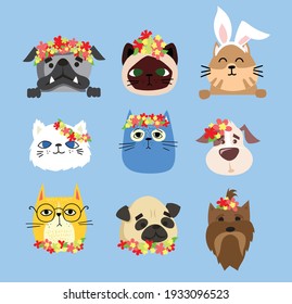 Vector Easter cards with cats and dogs and spring flowers. Happy Easter in the flat style