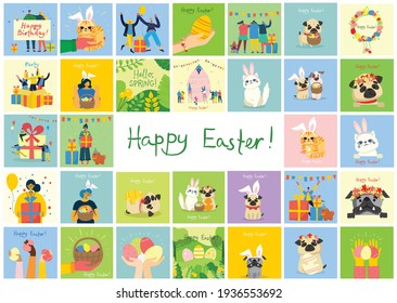 Vector Easter cards with cats, people, dogs and spring flowers. Happy Easter in the flat style