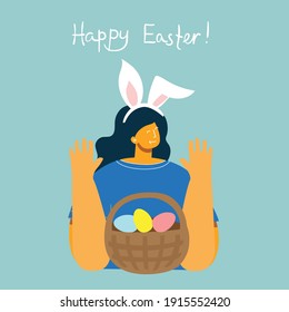 Vector Easter cards with girl and the eggs and hand drawn text - Happy Easter in the flat style