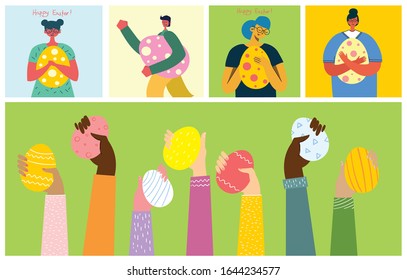 Vector Easter cards with girl, pets and hands holding the egg and hand drawn text - Happy Easter in the flat style