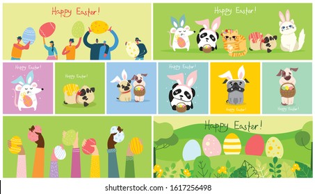 Vector Easter Cards With People, Cute Puppy Dog, Rat, Panda And Cat With Rabbit Ears, Spring Flower, Egg And Hand Drawn Text - Happy Easter In The Flat Style