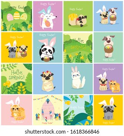 Vector Easter cards with people, cute puppy dog, rat, panda and cat with rabbit ears, spring flower, egg and hand drawn text - Happy Easter in the flat style