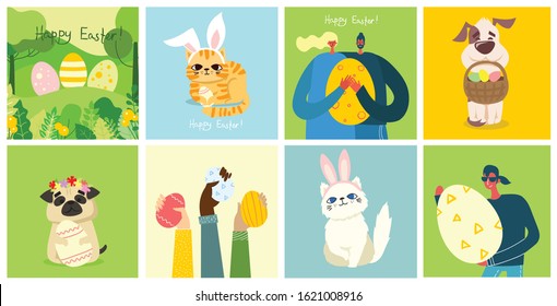 Vector Easter cards with people, cute puppy dog, rat, panda and cat with rabbit ears, spring flower, egg and hand drawn text - Happy Easter in the flat style