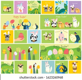 Vector Easter cards with people, cute puppy dog, rat, panda and cat with rabbit ears, spring flower, egg and hand drawn text - Happy Easter in the flat style