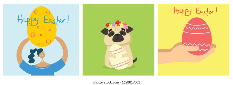 Vector Easter cards with people, cute puppy dog, rat, panda and cat with rabbit ears, spring flower, egg and hand drawn text - Happy Easter in the flat style