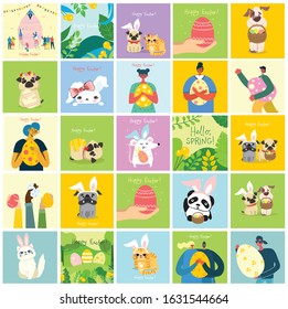 Vector Easter cards with people holding the eggs and hand drawn text - Happy Easter in the flat style