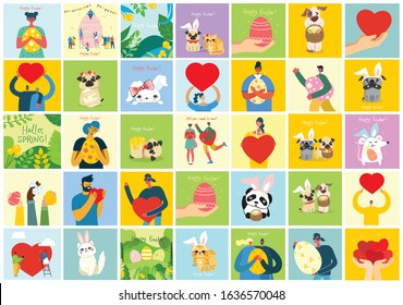 Vector Easter cards with people holding the eggs and hand drawn text - Happy Easter in the flat style