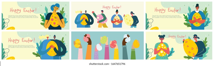 Vector Easter cards with people holding the eggs and hand drawn text - Happy Easter in the flat style