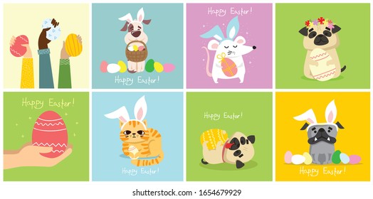 Vector Easter cards with people holding the eggs and hand drawn text - Happy Easter in the flat style