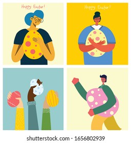 Vector Easter cards with people holding the eggs and hand drawn text - Happy Easter in the flat style