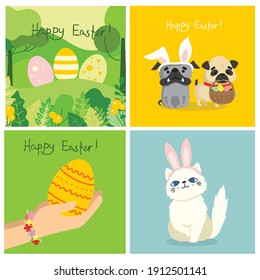Vector Easter cards with people holding the eggs and hand drawn text - Happy Easter in the flat style