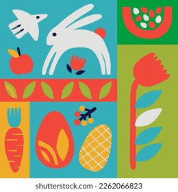Vector Easter cards with  spring flower, egg, bunny and running rabbit - Happy Easter in the flat style hand drawn
